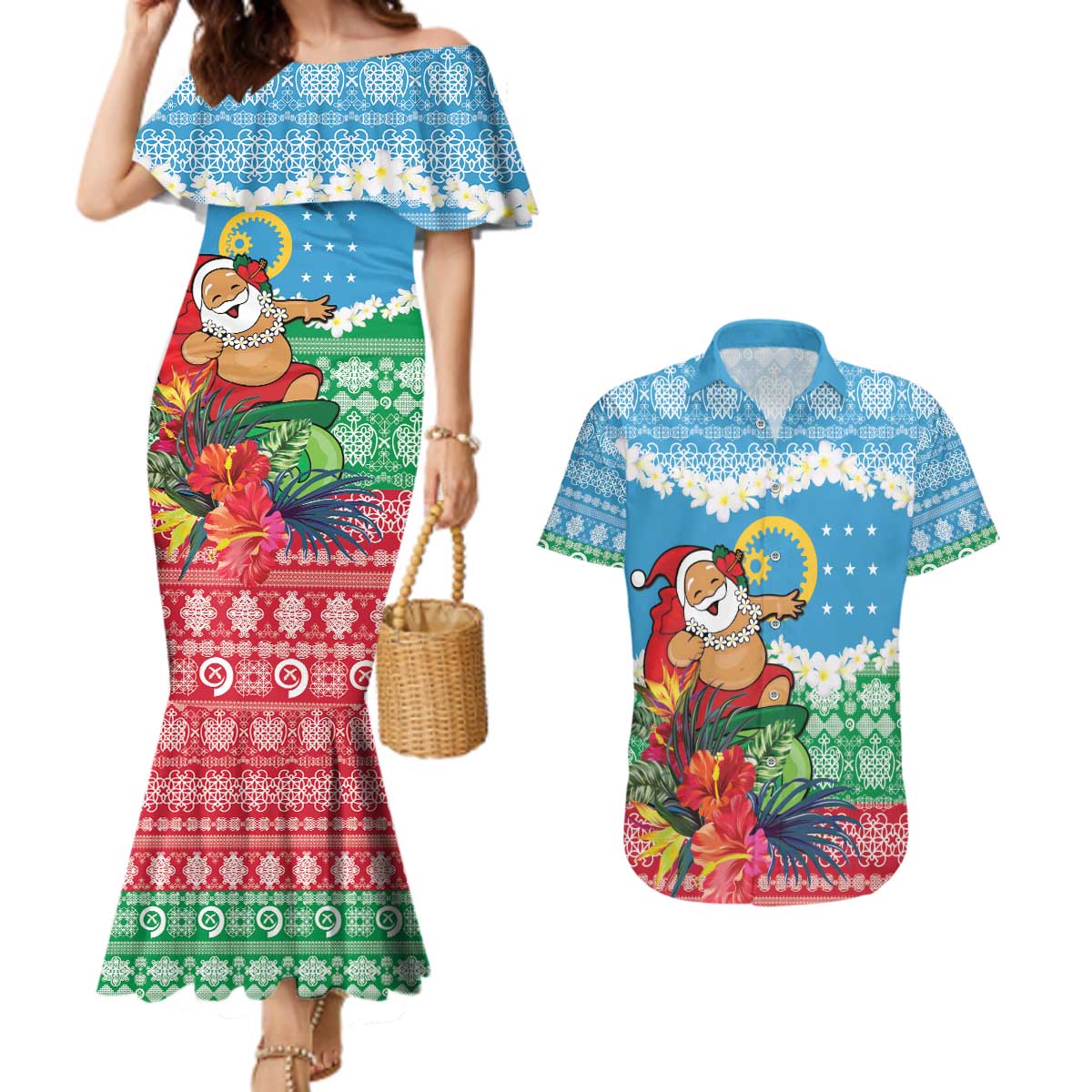 Personalised Sanma Joyeux Noel Couples Matching Mermaid Dress and Hawaiian Shirt Proud To Be a Ni-Van Sand Drawing Art LT9 Blue - Polynesian Pride