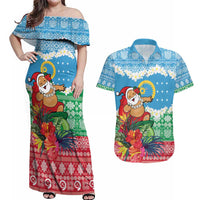 Personalised Sanma Joyeux Noel Couples Matching Off Shoulder Maxi Dress and Hawaiian Shirt Proud To Be a Ni-Van Sand Drawing Art LT9 Blue - Polynesian Pride