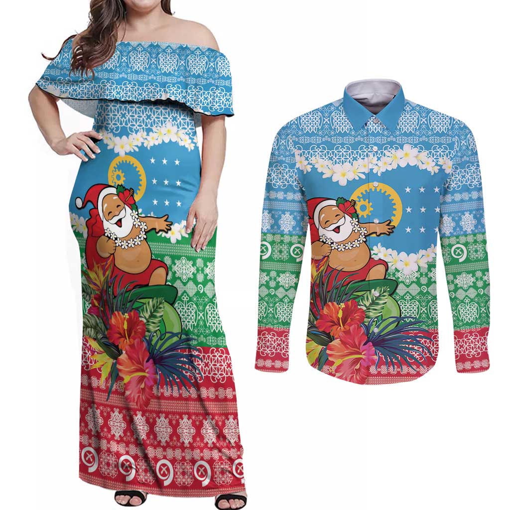 Personalised Sanma Joyeux Noel Couples Matching Off Shoulder Maxi Dress and Long Sleeve Button Shirt Proud To Be a Ni-Van Sand Drawing Art LT9 Blue - Polynesian Pride