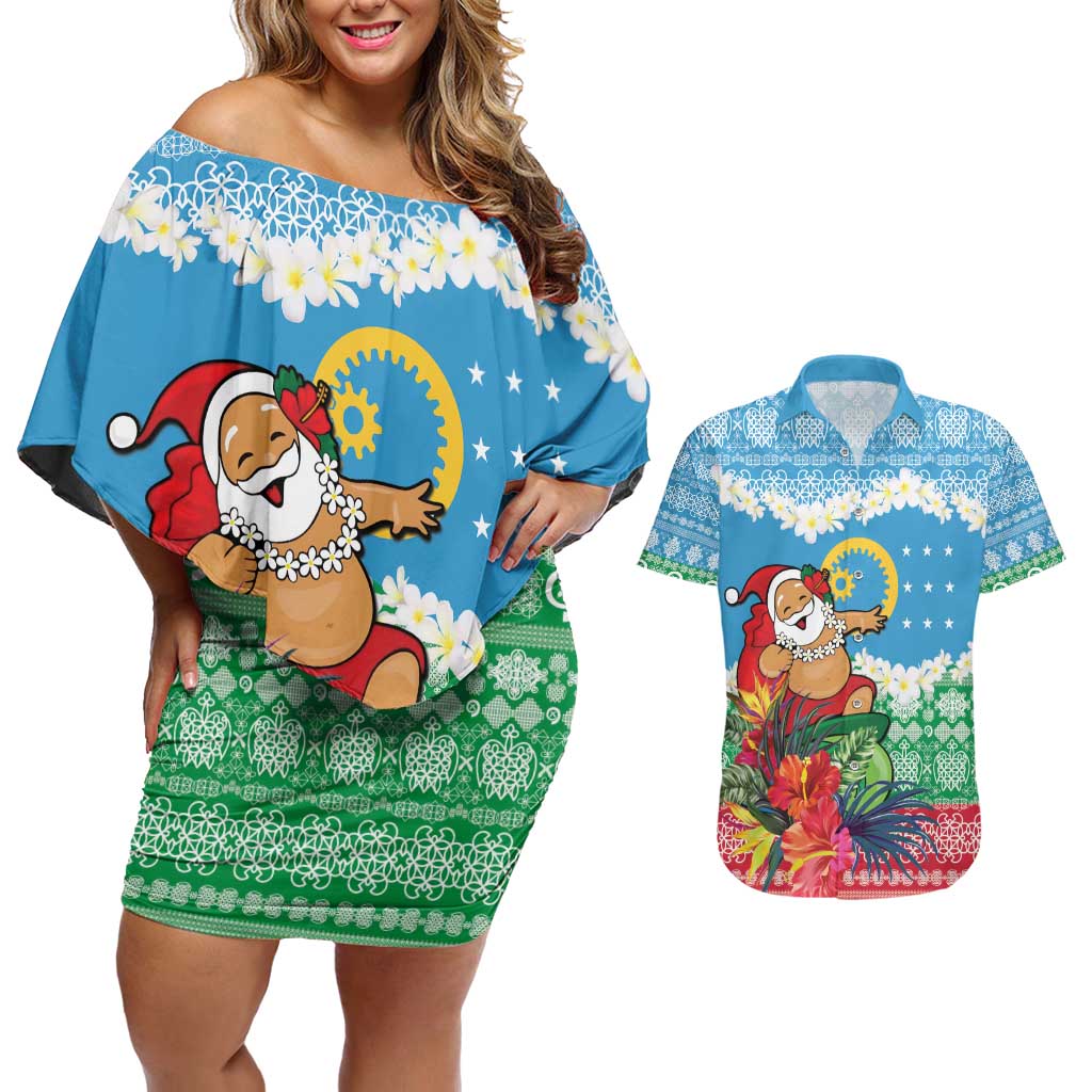 Personalised Sanma Joyeux Noel Couples Matching Off Shoulder Short Dress and Hawaiian Shirt Proud To Be a Ni-Van Sand Drawing Art LT9 Blue - Polynesian Pride