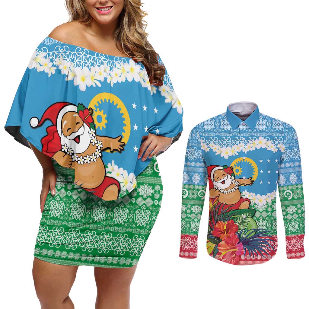Personalised Sanma Joyeux Noel Couples Matching Off Shoulder Short Dress and Long Sleeve Button Shirt Proud To Be a Ni-Van Sand Drawing Art LT9 Blue - Polynesian Pride