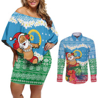 Personalised Sanma Joyeux Noel Couples Matching Off Shoulder Short Dress and Long Sleeve Button Shirt Proud To Be a Ni-Van Sand Drawing Art LT9 Blue - Polynesian Pride