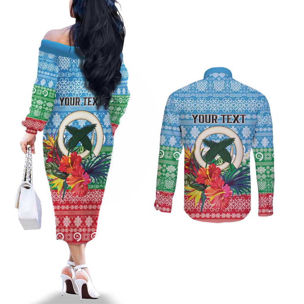 Personalised Sanma Joyeux Noel Couples Matching Off The Shoulder Long Sleeve Dress and Long Sleeve Button Shirt Proud To Be a Ni-Van Sand Drawing Art LT9 - Polynesian Pride