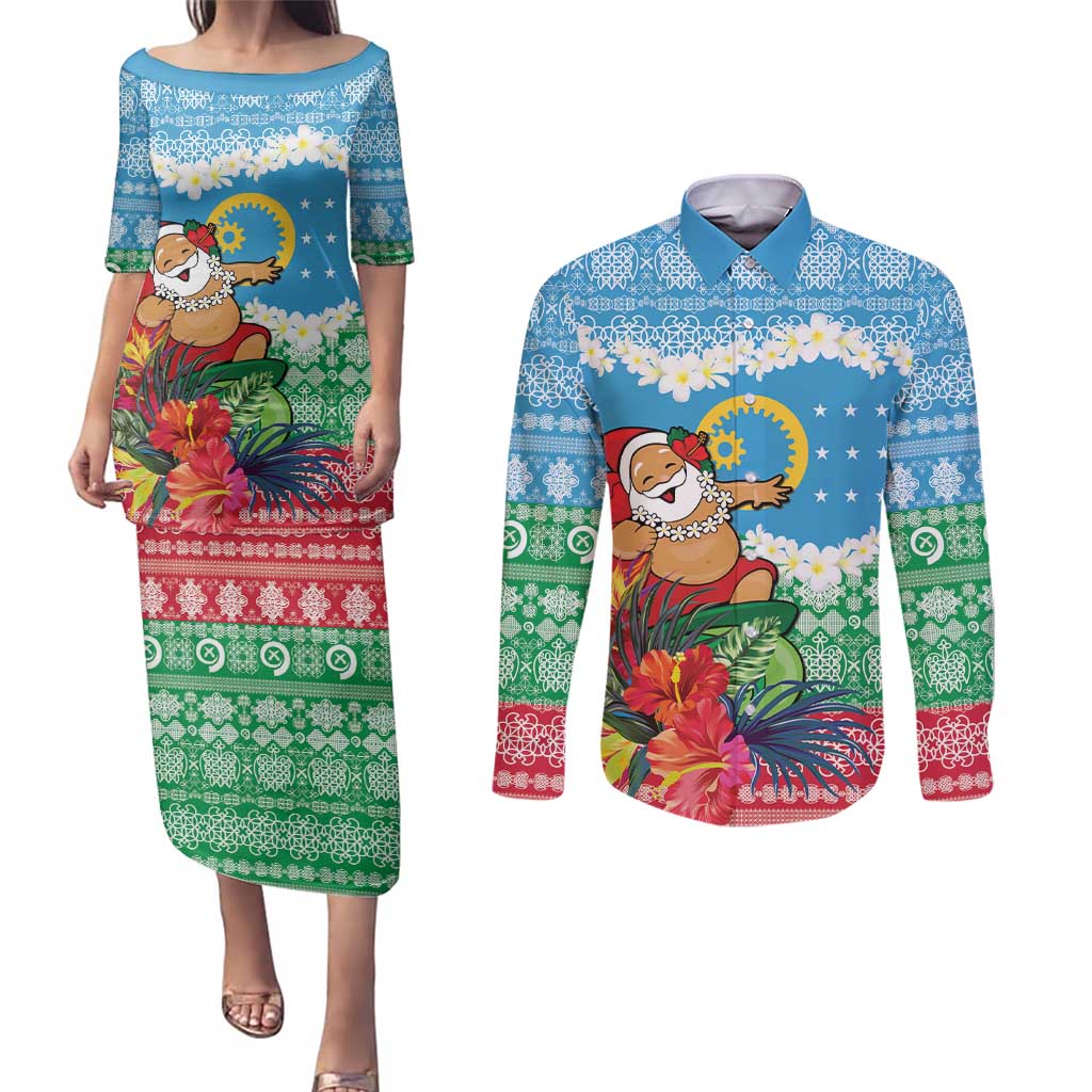 Personalised Sanma Joyeux Noel Couples Matching Puletasi and Long Sleeve Button Shirt Proud To Be a Ni-Van Sand Drawing Art LT9 Blue - Polynesian Pride