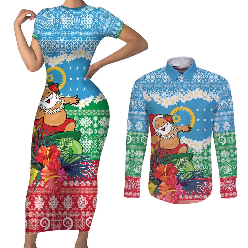 Personalised Sanma Joyeux Noel Couples Matching Short Sleeve Bodycon Dress and Long Sleeve Button Shirt Proud To Be a Ni-Van Sand Drawing Art LT9 Blue - Polynesian Pride