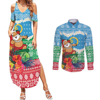 Personalised Sanma Joyeux Noel Couples Matching Summer Maxi Dress and Long Sleeve Button Shirt Proud To Be a Ni-Van Sand Drawing Art LT9 Blue - Polynesian Pride