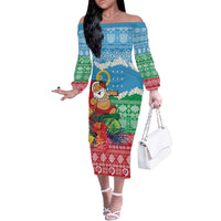 Personalised Sanma Joyeux Noel Off The Shoulder Long Sleeve Dress Proud To Be a Ni-Van Sand Drawing Art LT9 Women Blue - Polynesian Pride