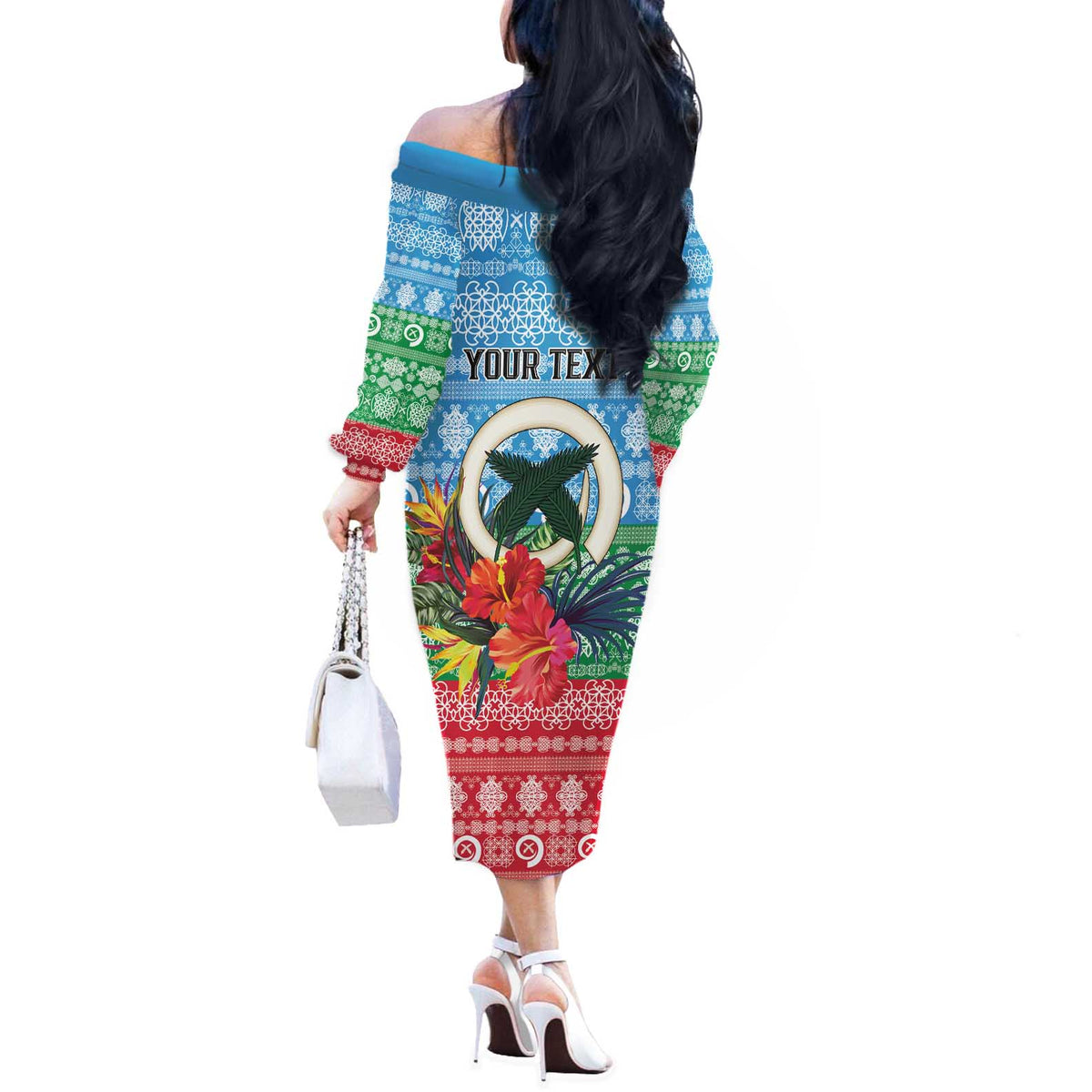 Personalised Sanma Joyeux Noel Off The Shoulder Long Sleeve Dress Proud To Be a Ni-Van Sand Drawing Art LT9 - Polynesian Pride