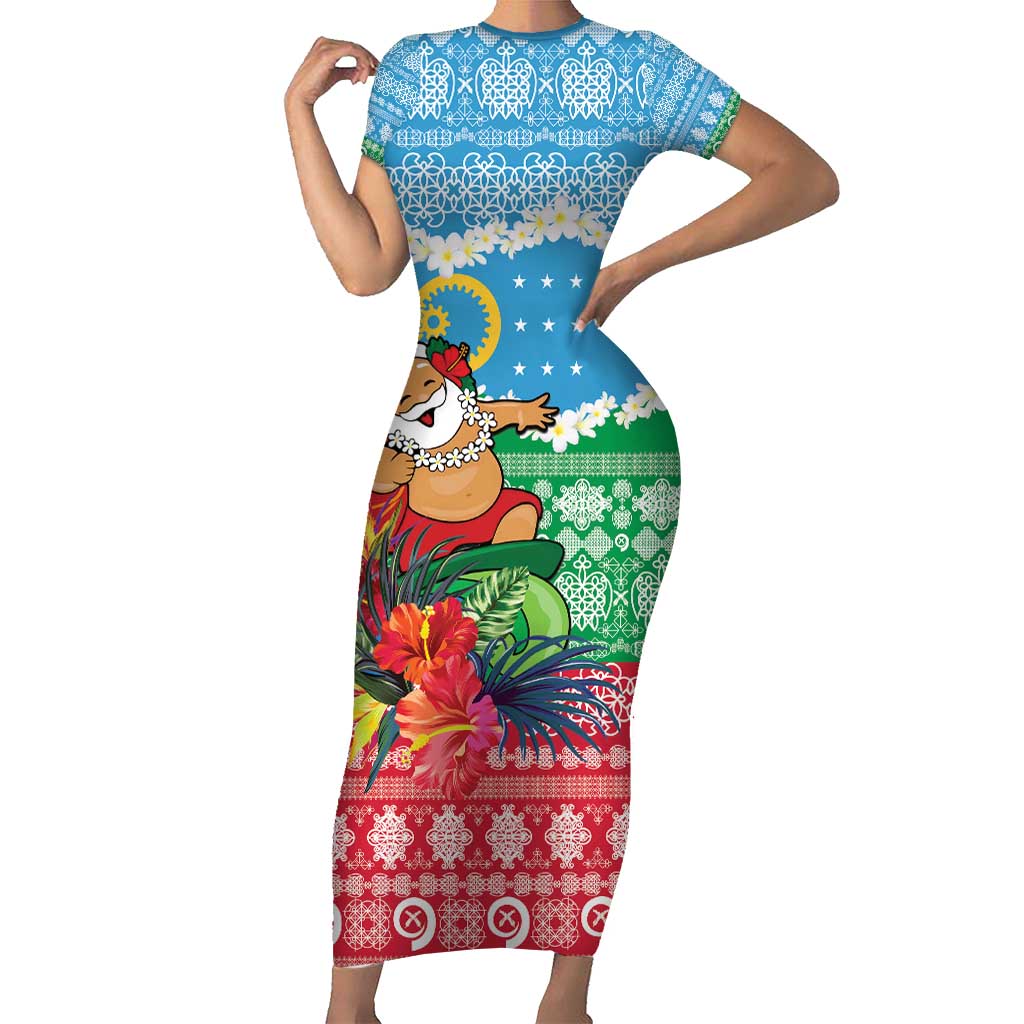 Personalised Sanma Joyeux Noel Short Sleeve Bodycon Dress Proud To Be a Ni-Van Sand Drawing Art LT9 Long Dress Blue - Polynesian Pride