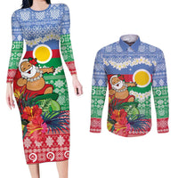 Personalised Shefa Joyeux Noel Couples Matching Long Sleeve Bodycon Dress and Long Sleeve Button Shirt Proud To Be a Ni-Van Sand Drawing Art LT9 Blue - Polynesian Pride