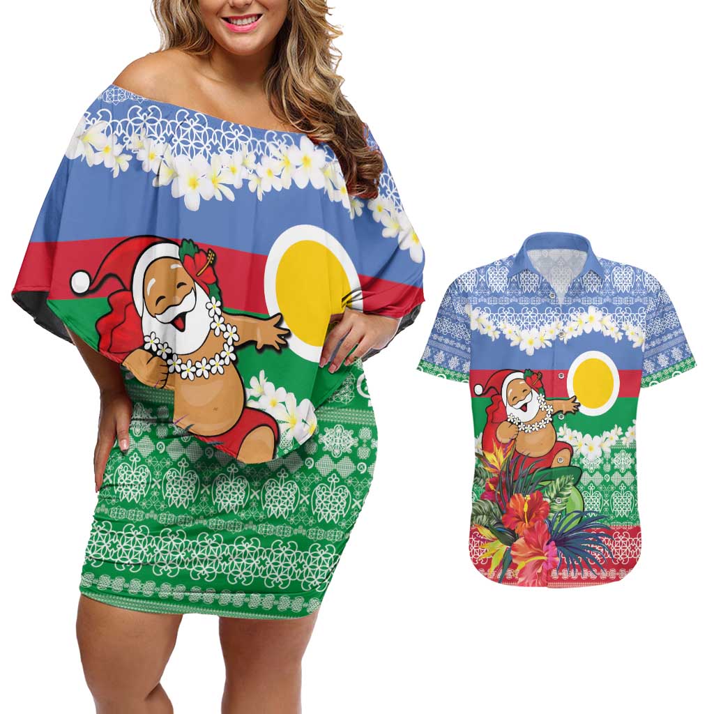 Personalised Shefa Joyeux Noel Couples Matching Off Shoulder Short Dress and Hawaiian Shirt Proud To Be a Ni-Van Sand Drawing Art LT9 Blue - Polynesian Pride