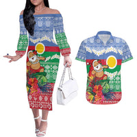 Personalised Shefa Joyeux Noel Couples Matching Off The Shoulder Long Sleeve Dress and Hawaiian Shirt Proud To Be a Ni-Van Sand Drawing Art LT9 Blue - Polynesian Pride
