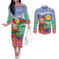 Personalised Shefa Joyeux Noel Couples Matching Off The Shoulder Long Sleeve Dress and Long Sleeve Button Shirt Proud To Be a Ni-Van Sand Drawing Art LT9 Blue - Polynesian Pride