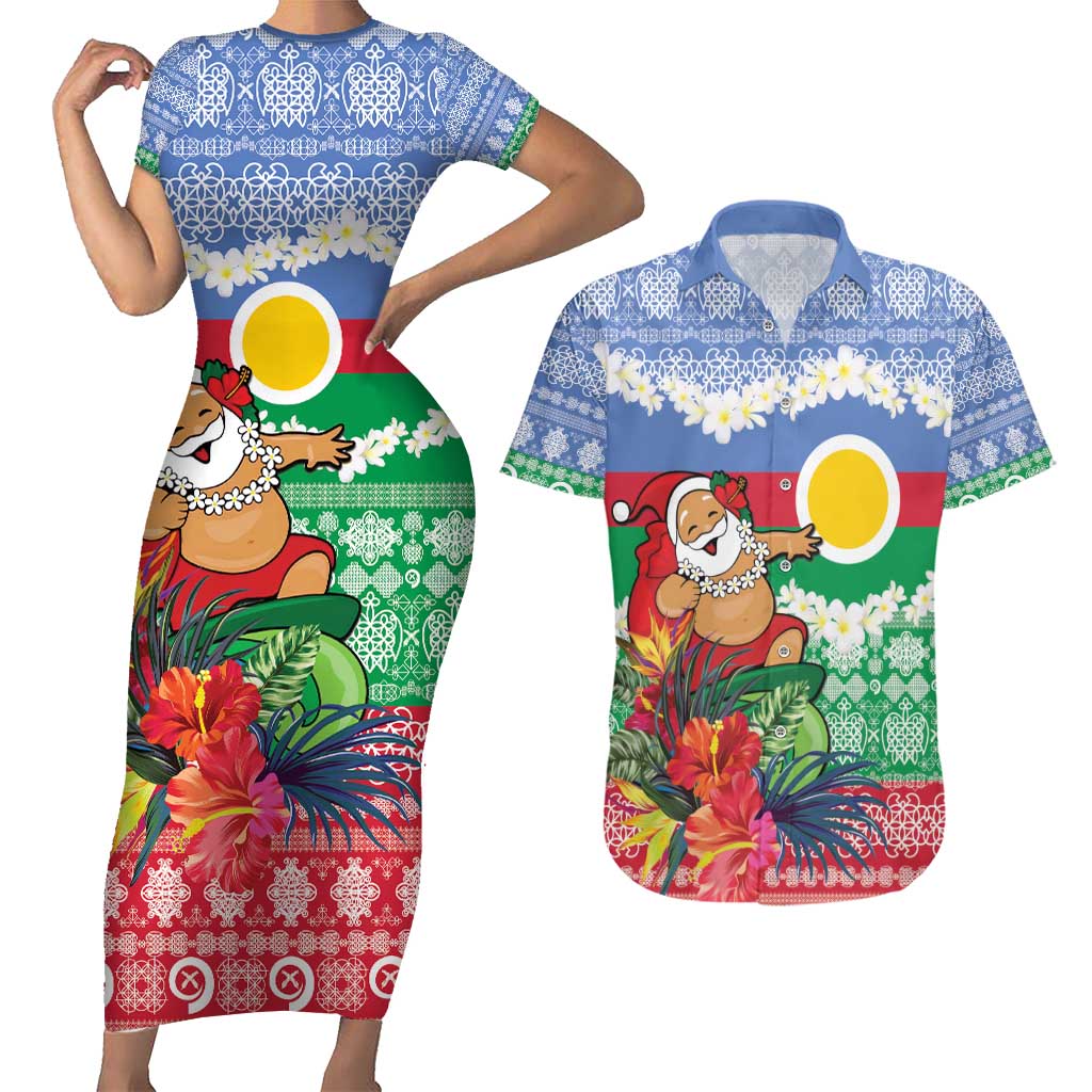 Personalised Shefa Joyeux Noel Couples Matching Short Sleeve Bodycon Dress and Hawaiian Shirt Proud To Be a Ni-Van Sand Drawing Art LT9 Blue - Polynesian Pride