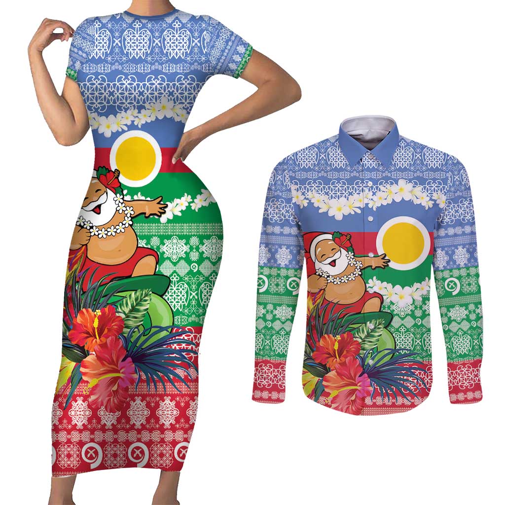Personalised Shefa Joyeux Noel Couples Matching Short Sleeve Bodycon Dress and Long Sleeve Button Shirt Proud To Be a Ni-Van Sand Drawing Art LT9 Blue - Polynesian Pride