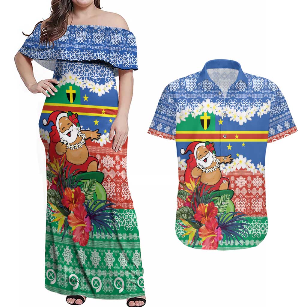 Personalised Tafea Joyeux Noel Couples Matching Off Shoulder Maxi Dress and Hawaiian Shirt Proud To Be a Ni-Van Sand Drawing Art LT9 Blue - Polynesian Pride