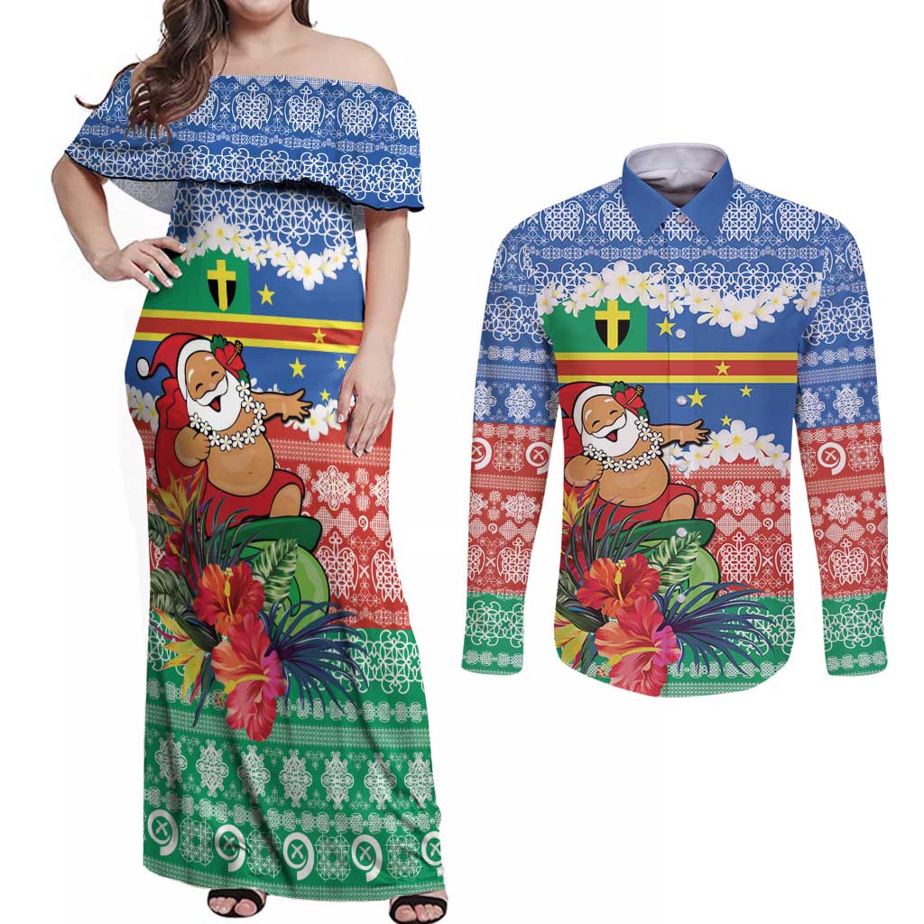 Personalised Tafea Joyeux Noel Couples Matching Off Shoulder Maxi Dress and Long Sleeve Button Shirt Proud To Be a Ni-Van Sand Drawing Art LT9 Blue - Polynesian Pride
