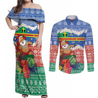 Personalised Tafea Joyeux Noel Couples Matching Off Shoulder Maxi Dress and Long Sleeve Button Shirt Proud To Be a Ni-Van Sand Drawing Art LT9 Blue - Polynesian Pride