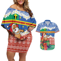 Personalised Tafea Joyeux Noel Couples Matching Off Shoulder Short Dress and Hawaiian Shirt Proud To Be a Ni-Van Sand Drawing Art LT9 Blue - Polynesian Pride