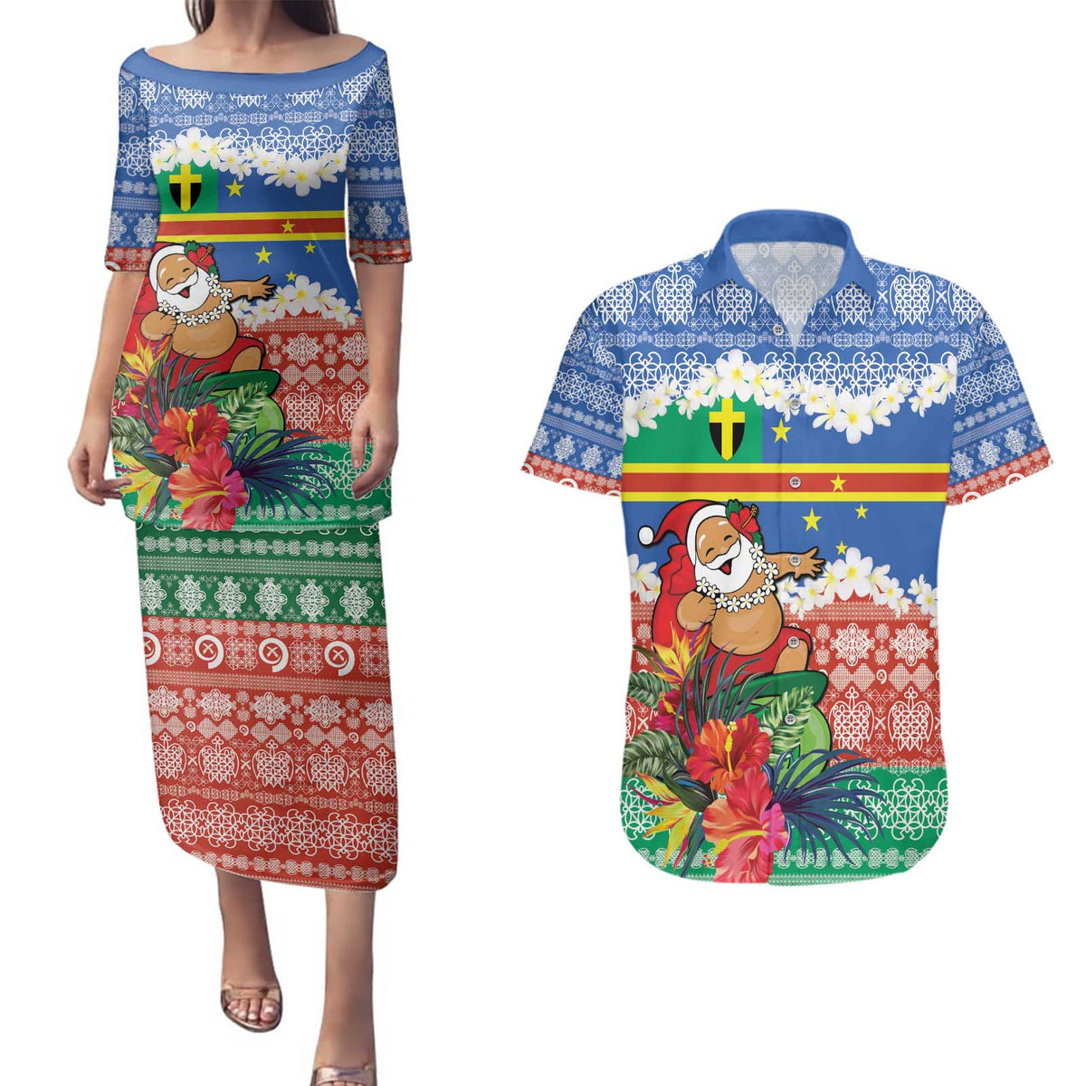 Personalised Tafea Joyeux Noel Couples Matching Puletasi and Hawaiian Shirt Proud To Be a Ni-Van Sand Drawing Art LT9 Blue - Polynesian Pride