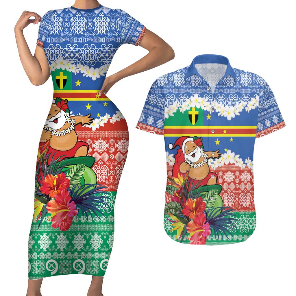 Personalised Tafea Joyeux Noel Couples Matching Short Sleeve Bodycon Dress and Hawaiian Shirt Proud To Be a Ni-Van Sand Drawing Art LT9 Blue - Polynesian Pride