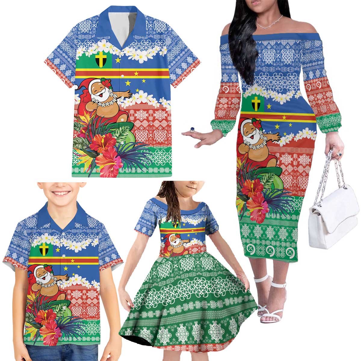 Personalised Tafea Joyeux Noel Family Matching Off The Shoulder Long Sleeve Dress and Hawaiian Shirt Proud To Be a Ni-Van Sand Drawing Art LT9 - Polynesian Pride