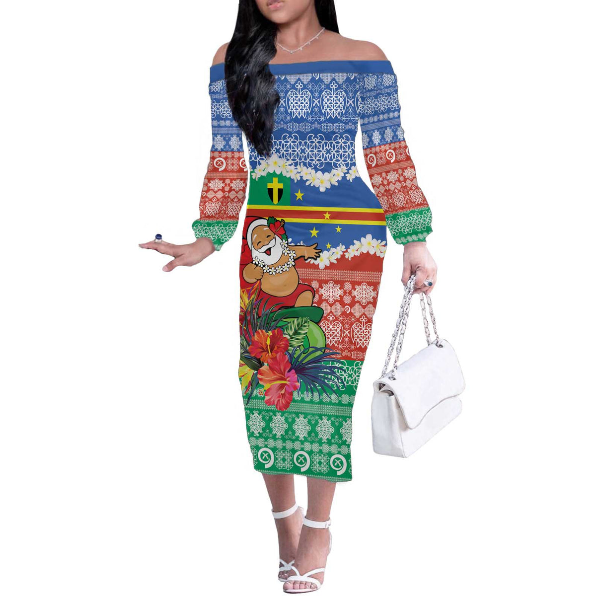 Personalised Tafea Joyeux Noel Off The Shoulder Long Sleeve Dress Proud To Be a Ni-Van Sand Drawing Art LT9 Women Blue - Polynesian Pride