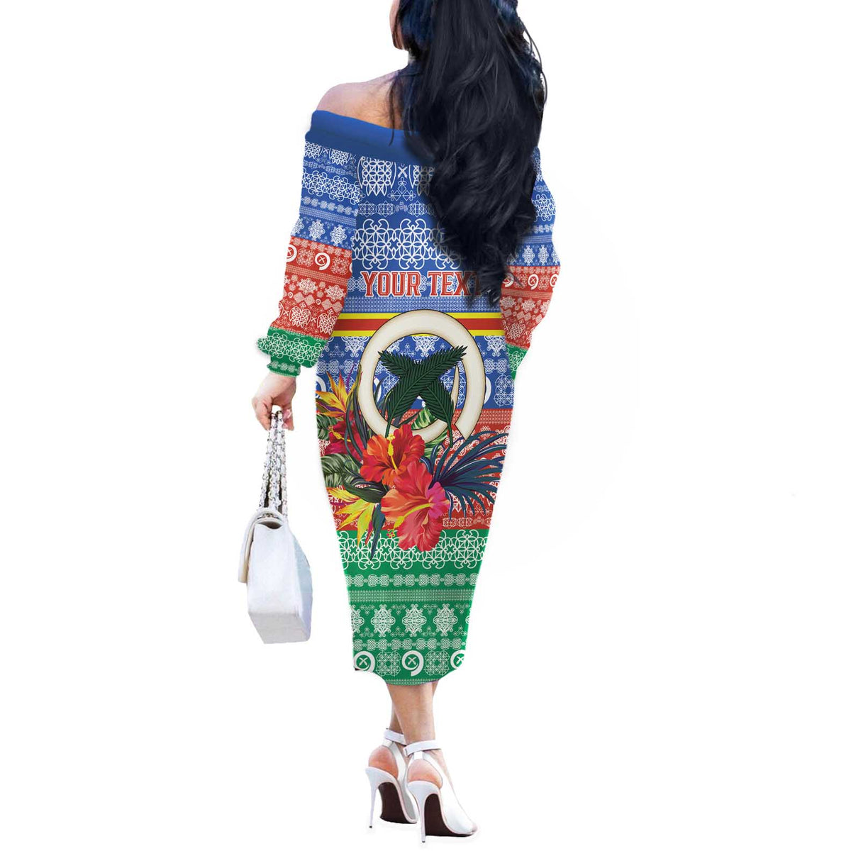 Personalised Tafea Joyeux Noel Off The Shoulder Long Sleeve Dress Proud To Be a Ni-Van Sand Drawing Art LT9 - Polynesian Pride