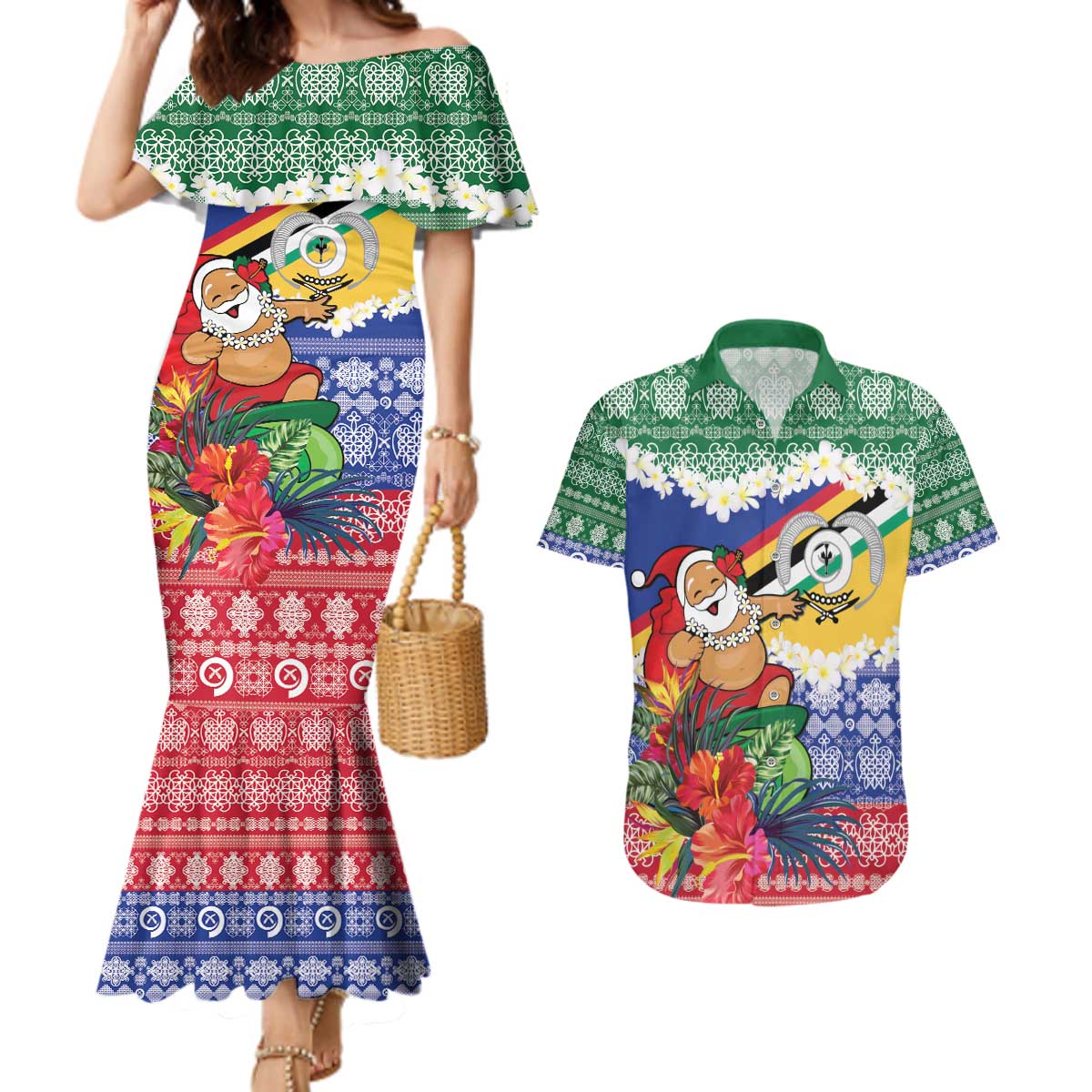 Personalised Torba Joyeux Noel Couples Matching Mermaid Dress and Hawaiian Shirt Proud To Be a Ni-Van Sand Drawing Art LT9 Green - Polynesian Pride