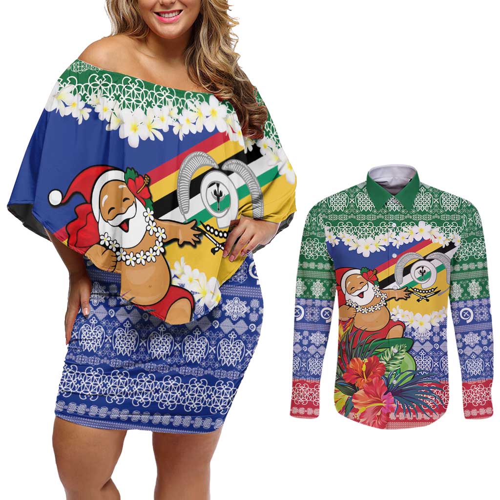 Personalised Torba Joyeux Noel Couples Matching Off Shoulder Short Dress and Long Sleeve Button Shirt Proud To Be a Ni-Van Sand Drawing Art LT9 Green - Polynesian Pride