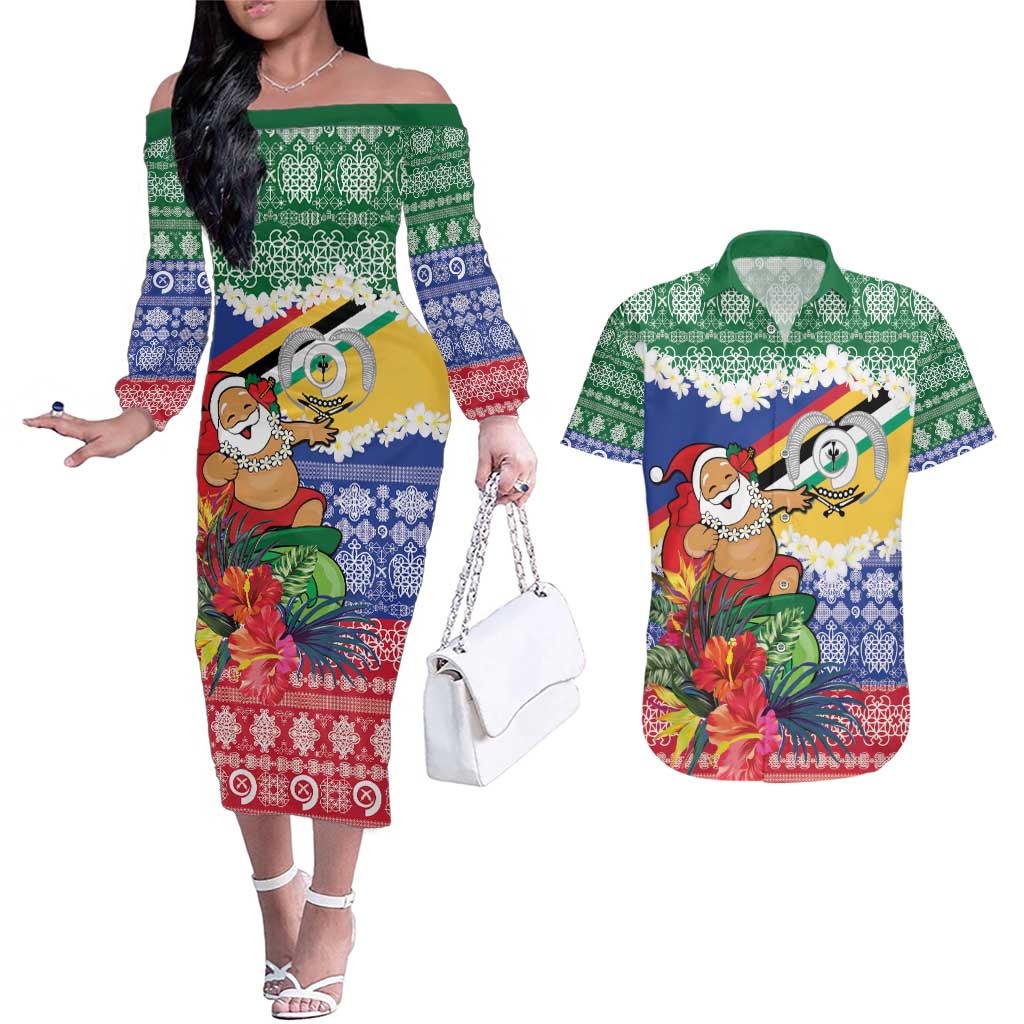 Personalised Torba Joyeux Noel Couples Matching Off The Shoulder Long Sleeve Dress and Hawaiian Shirt Proud To Be a Ni-Van Sand Drawing Art LT9 Green - Polynesian Pride