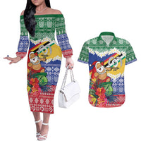 Personalised Torba Joyeux Noel Couples Matching Off The Shoulder Long Sleeve Dress and Hawaiian Shirt Proud To Be a Ni-Van Sand Drawing Art LT9 Green - Polynesian Pride