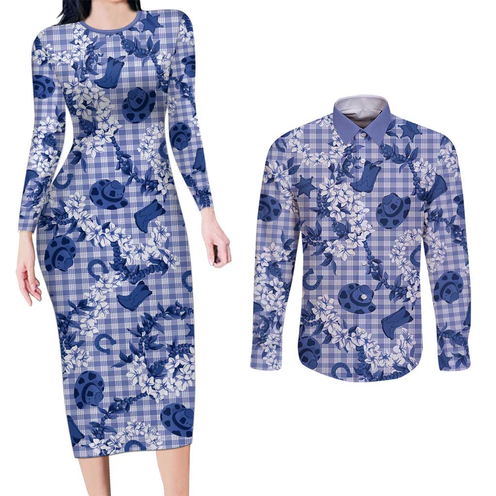 Mokihana Maile Ilima Leis Paniolo Palaka Couples Matching Long Sleeve Bodycon Dress and Long Sleeve Button Shirt Hawaiian Polu Spirit LT9 Blue - Polynesian Pride