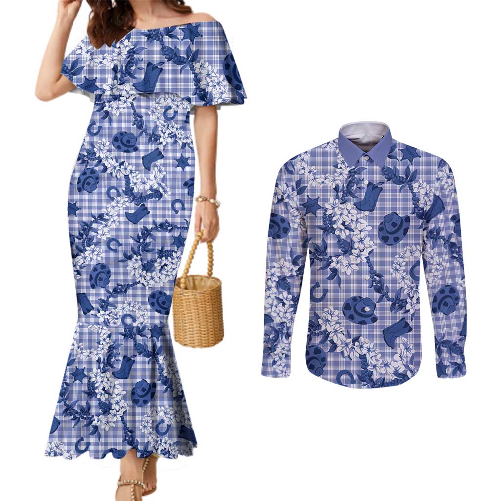 Mokihana Maile Ilima Leis Paniolo Palaka Couples Matching Mermaid Dress and Long Sleeve Button Shirt Hawaiian Polu Spirit - Polynesian Pride