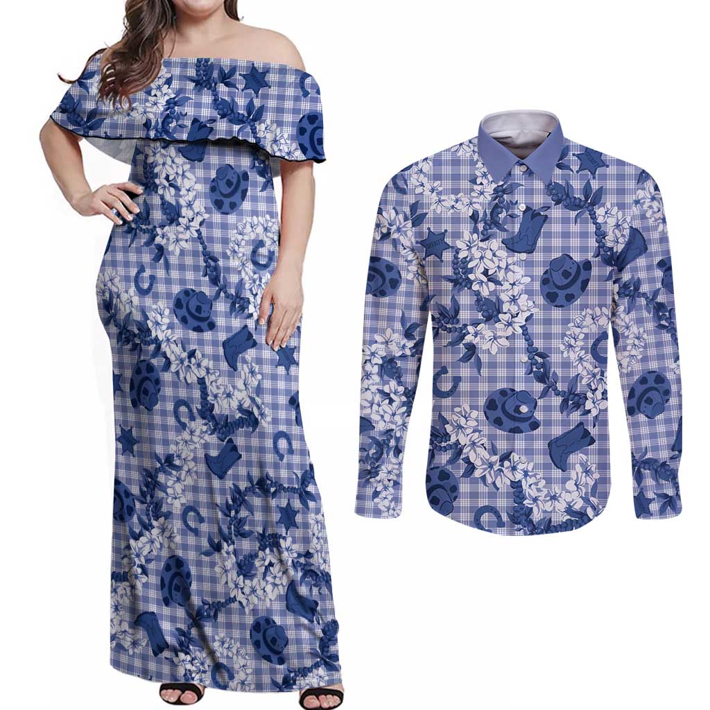 Mokihana Maile Ilima Leis Paniolo Palaka Couples Matching Off Shoulder Maxi Dress and Long Sleeve Button Shirt Hawaiian Polu Spirit LT9 Blue - Polynesian Pride