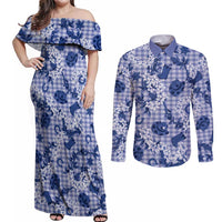 Mokihana Maile Ilima Leis Paniolo Palaka Couples Matching Off Shoulder Maxi Dress and Long Sleeve Button Shirt Hawaiian Polu Spirit LT9 Blue - Polynesian Pride