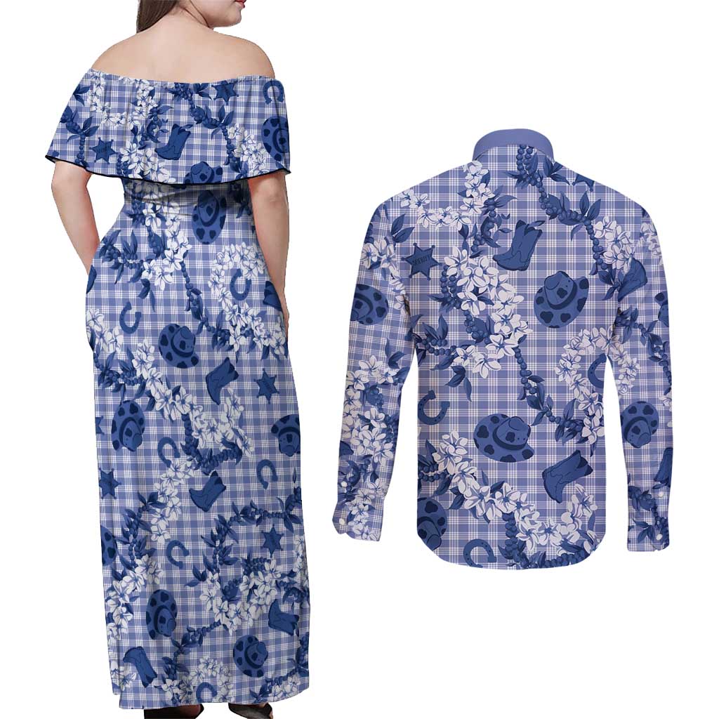 Mokihana Maile Ilima Leis Paniolo Palaka Couples Matching Off Shoulder Maxi Dress and Long Sleeve Button Shirt Hawaiian Polu Spirit LT9 - Polynesian Pride