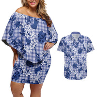 Mokihana Maile Ilima Leis Paniolo Palaka Couples Matching Off Shoulder Short Dress and Hawaiian Shirt Hawaiian Polu Spirit LT9 Blue - Polynesian Pride
