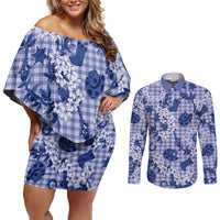 Mokihana Maile Ilima Leis Paniolo Palaka Couples Matching Off Shoulder Short Dress and Long Sleeve Button Shirt Hawaiian Polu Spirit LT9 Blue - Polynesian Pride