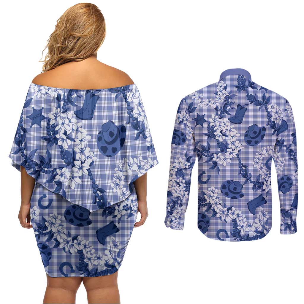 Mokihana Maile Ilima Leis Paniolo Palaka Couples Matching Off Shoulder Short Dress and Long Sleeve Button Shirt Hawaiian Polu Spirit LT9 - Polynesian Pride