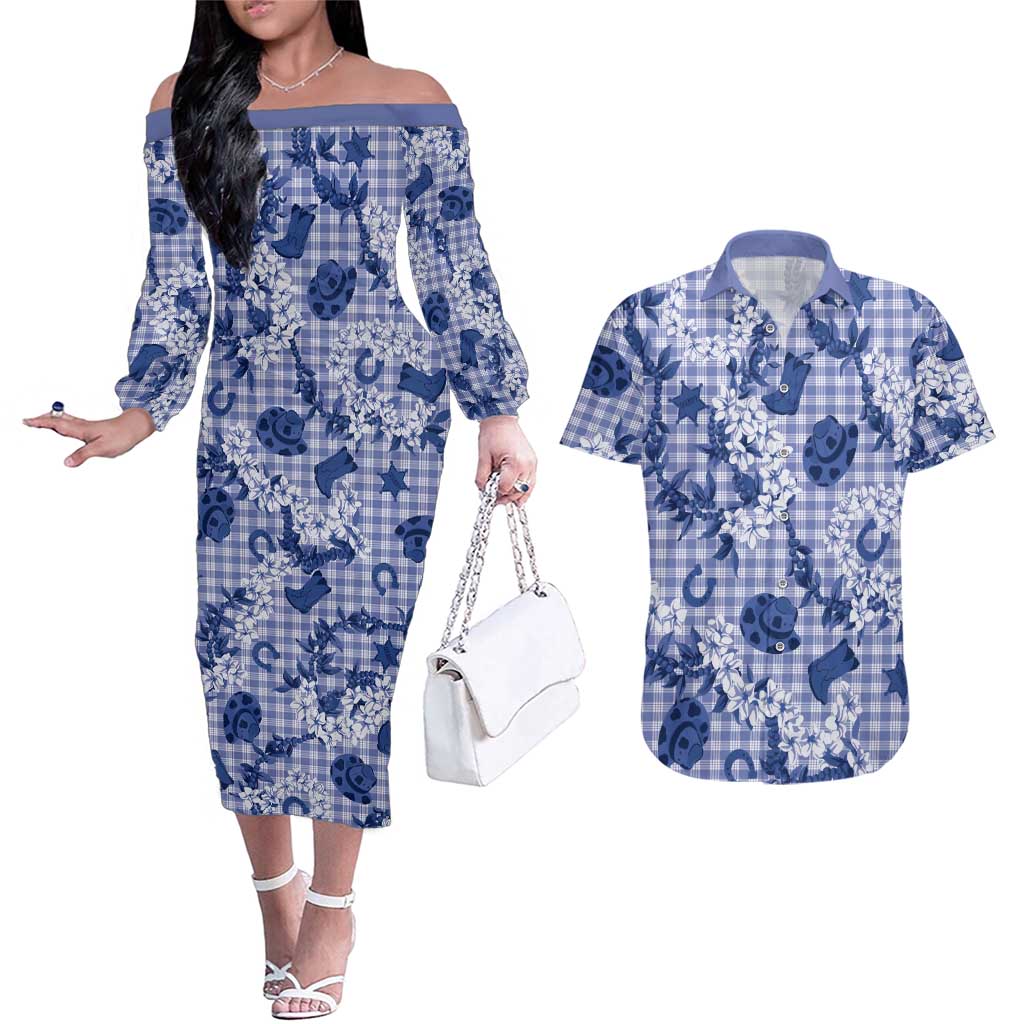 Mokihana Maile Ilima Leis Paniolo Palaka Couples Matching Off The Shoulder Long Sleeve Dress and Hawaiian Shirt Hawaiian Polu Spirit - Polynesian Pride