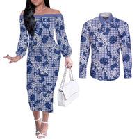 Mokihana Maile Ilima Leis Paniolo Palaka Couples Matching Off The Shoulder Long Sleeve Dress and Long Sleeve Button Shirt Hawaiian Polu Spirit LT9 Blue - Polynesian Pride