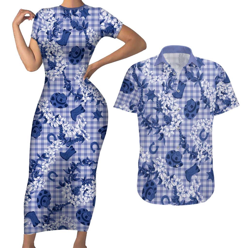 Mokihana Maile Ilima Leis Paniolo Palaka Couples Matching Short Sleeve Bodycon Dress and Hawaiian Shirt Hawaiian Polu Spirit LT9 Blue - Polynesian Pride