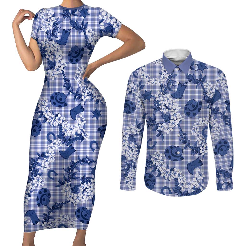 Mokihana Maile Ilima Leis Paniolo Palaka Couples Matching Short Sleeve Bodycon Dress and Long Sleeve Button Shirt Hawaiian Polu Spirit LT9 Blue - Polynesian Pride