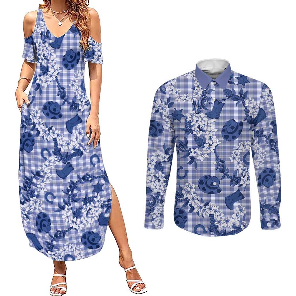 Mokihana Maile Ilima Leis Paniolo Palaka Couples Matching Summer Maxi Dress and Long Sleeve Button Shirt Hawaiian Polu Spirit - Polynesian Pride