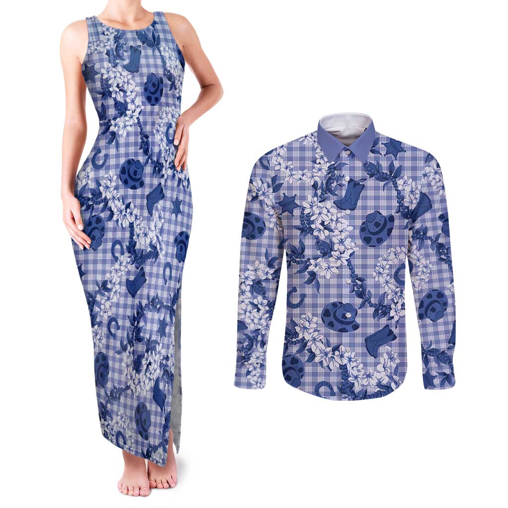 Mokihana Maile Ilima Leis Paniolo Palaka Couples Matching Tank Maxi Dress and Long Sleeve Button Shirt Hawaiian Polu Spirit LT9 Blue - Polynesian Pride