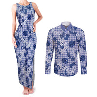 Mokihana Maile Ilima Leis Paniolo Palaka Couples Matching Tank Maxi Dress and Long Sleeve Button Shirt Hawaiian Polu Spirit LT9 Blue - Polynesian Pride