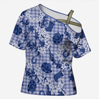 Mokihana Maile Ilima Leis Paniolo Palaka Cross Shoulder Shirt Hawaiian Polu Spirit LT9 Female Blue - Polynesian Pride