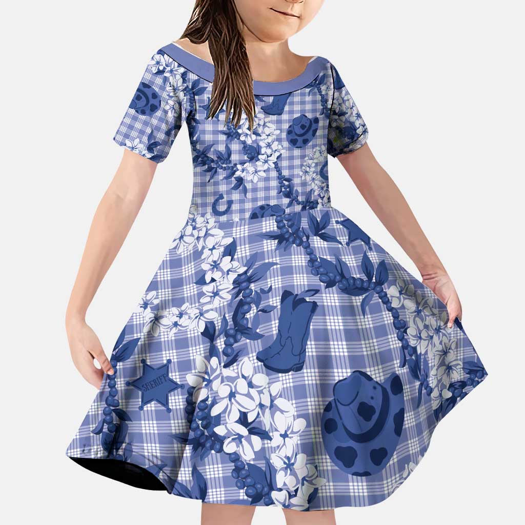 Mokihana Maile Ilima Leis Paniolo Palaka Family Matching Off Shoulder Maxi Dress and Hawaiian Shirt Hawaiian Polu Spirit LT9 Daughter's Dress Blue - Polynesian Pride