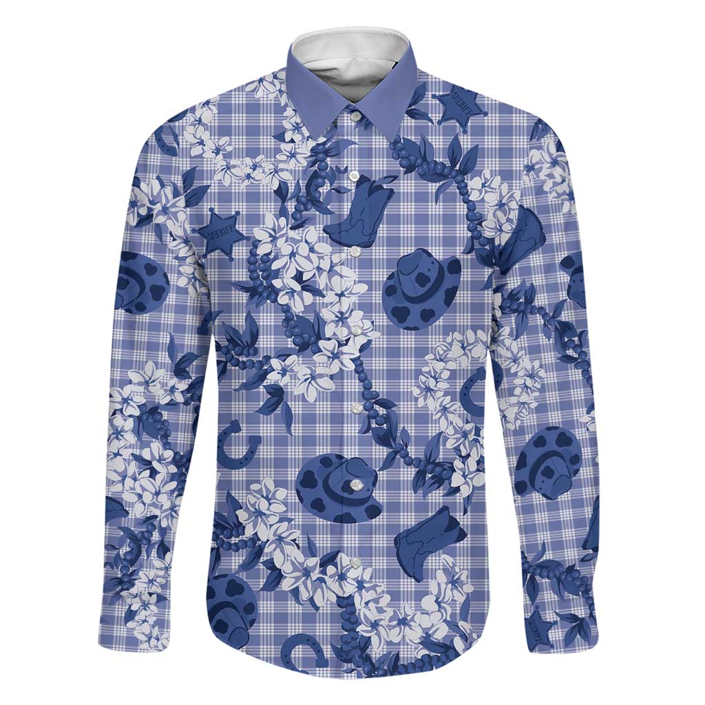 Mokihana Maile Ilima Leis Paniolo Palaka Family Matching Off Shoulder Maxi Dress and Hawaiian Shirt Hawaiian Polu Spirit LT9 Dad's Shirt - Long Sleeve Blue - Polynesian Pride
